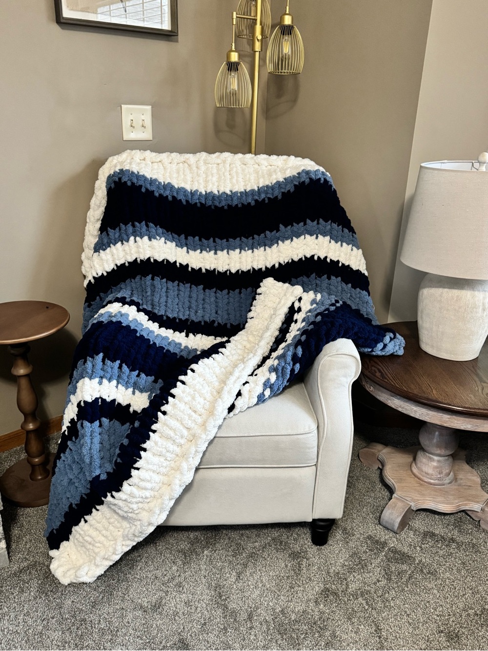 Plush Striped Chunky Throw Blanket in Navy, Light Blue & White